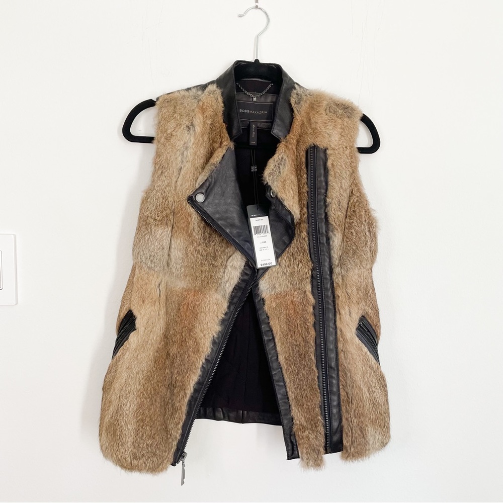 NWT BCBGMaxAzria Asymmetrical Zip Up Vest - Genuine Leather and Fur